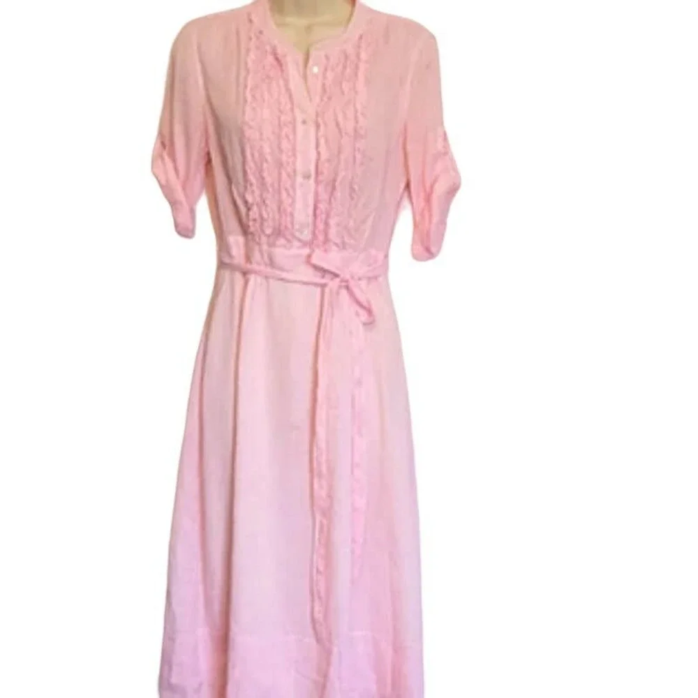 J. Crew Pink Midi Dress with Tie Waist and Pintuck Front